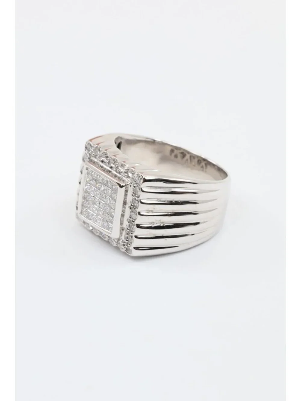 14K Solid White Gold Princess Cut Diamond Cluster Halo Men's Ring - Size 9.25